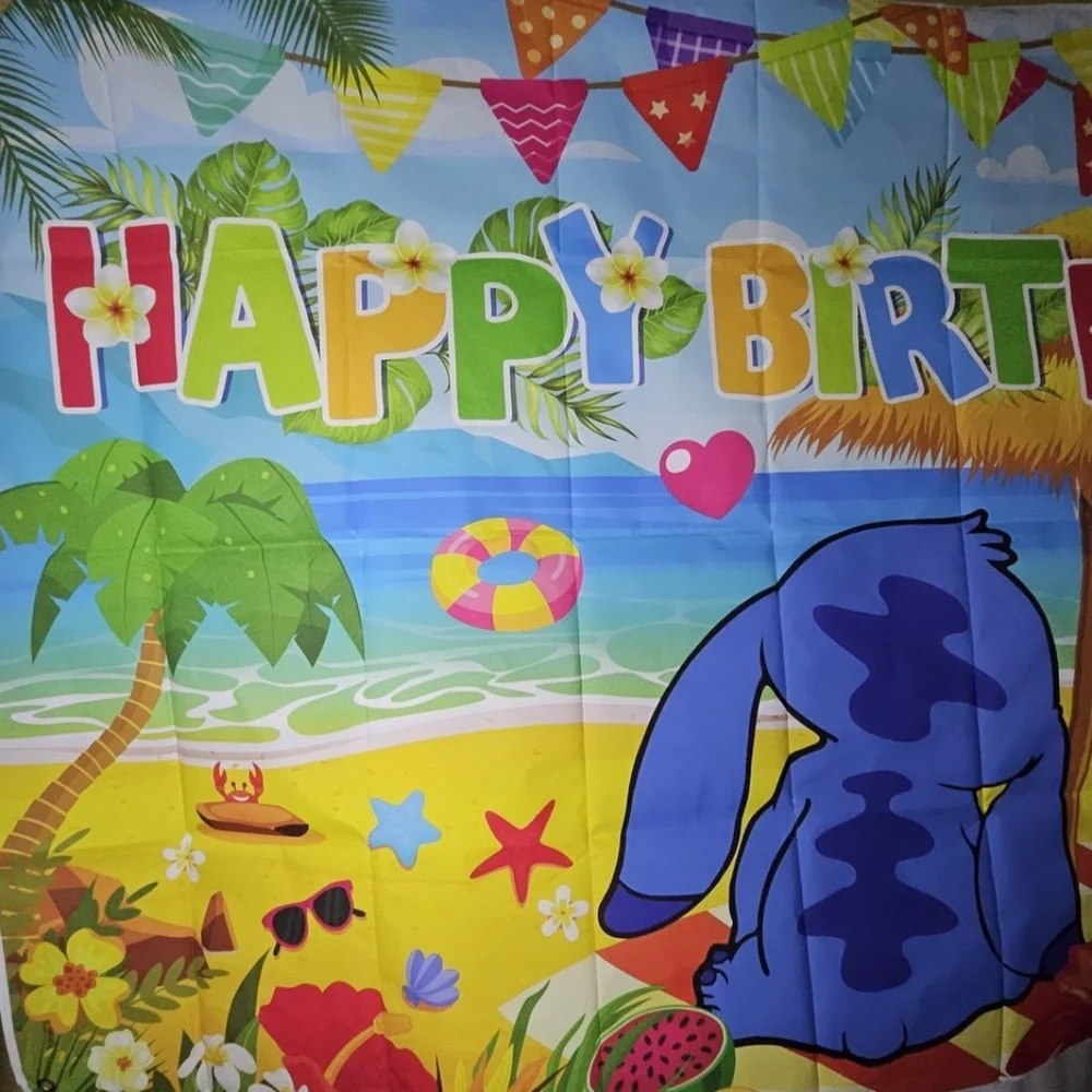 New Stitch Happy Birthday Party Decoration Backdrop Prop Hawaiian Beach Tropical